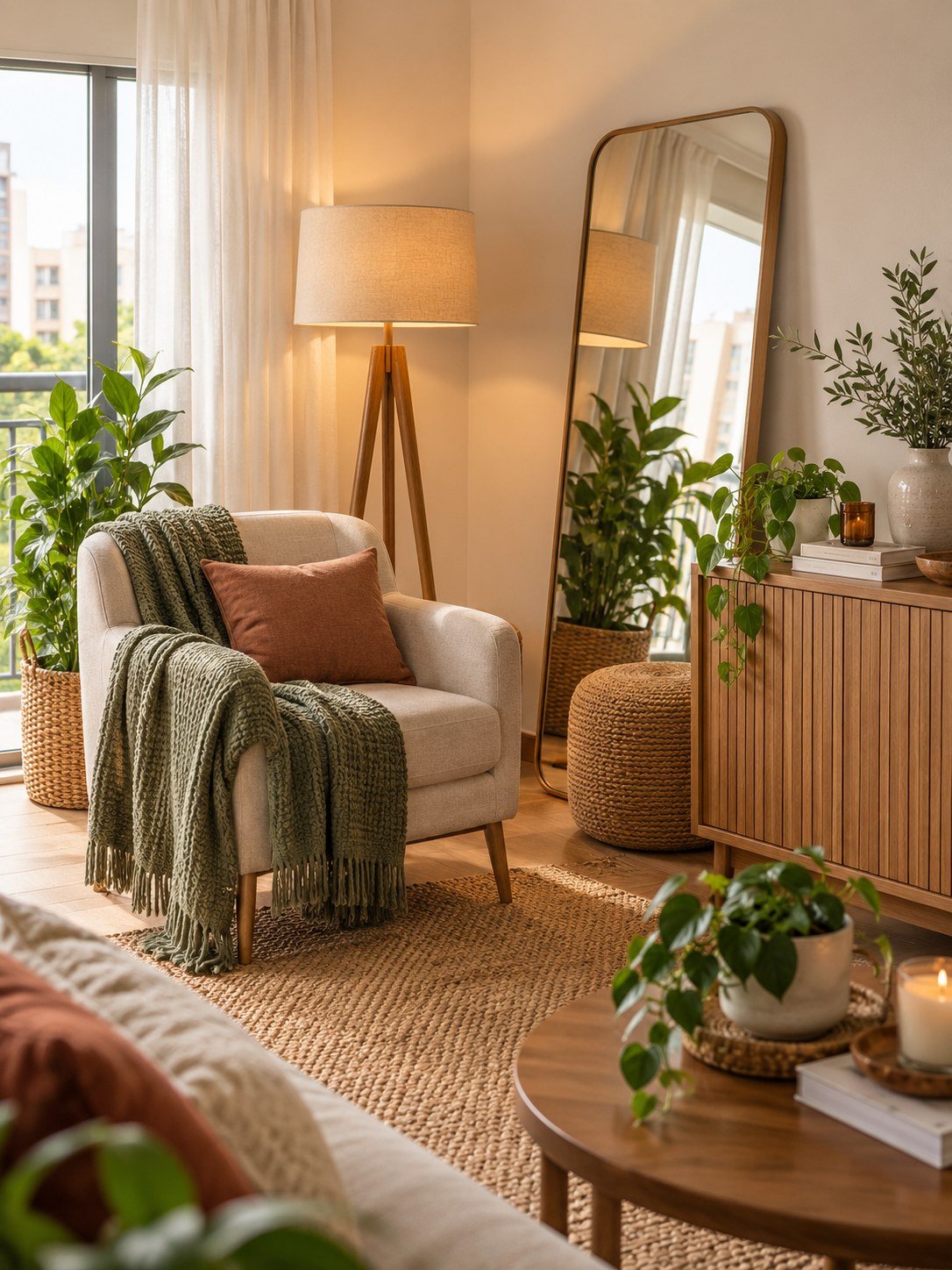 Sala de apartamento alugado decorada sem furar a parede, com tapete, almofadas e luminária de piso