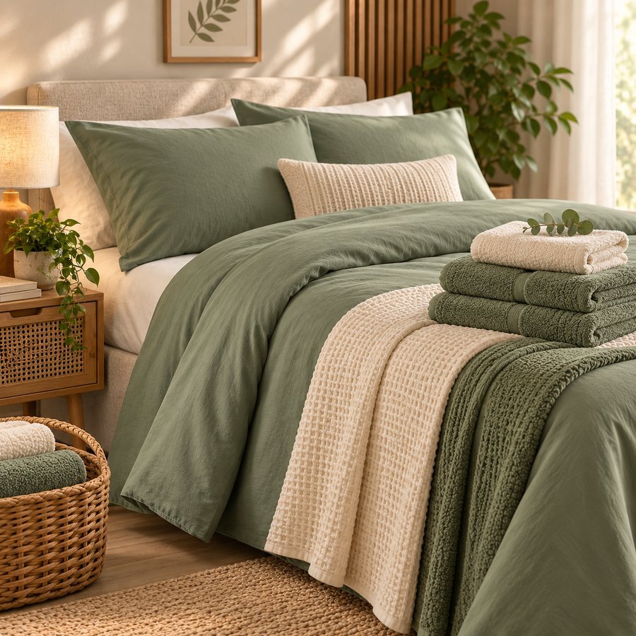 Roupa de cama e toalhas em tons verde-sage e areia