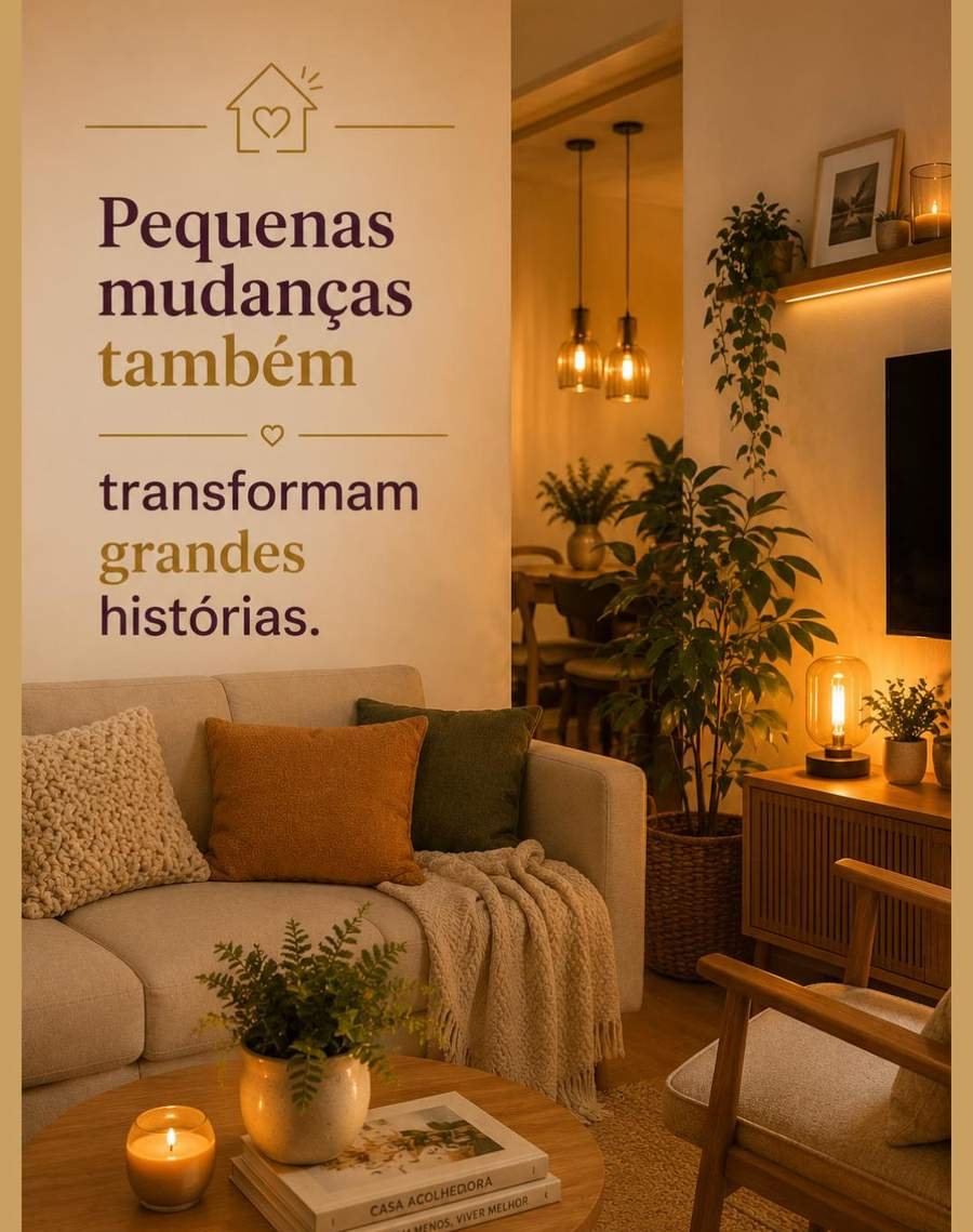 Sala de estar com móveis renovados e iluminação quente