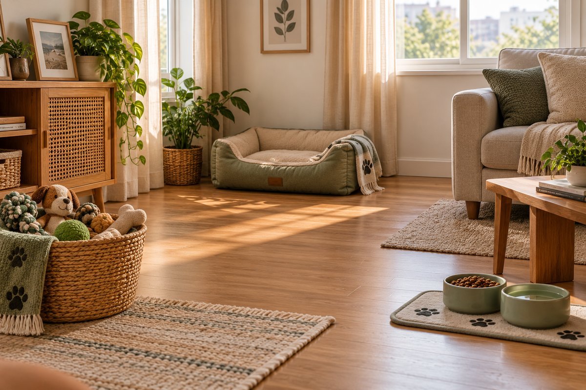 Sala preparada com zonas separadas: caminha perto da janela, cesto de brinquedos e potes de comida e água em cantos distintos