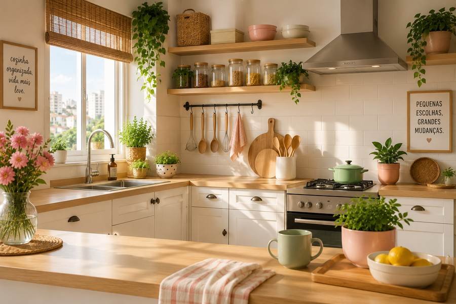 Cozinha organizada com plantas e utensílios à mão