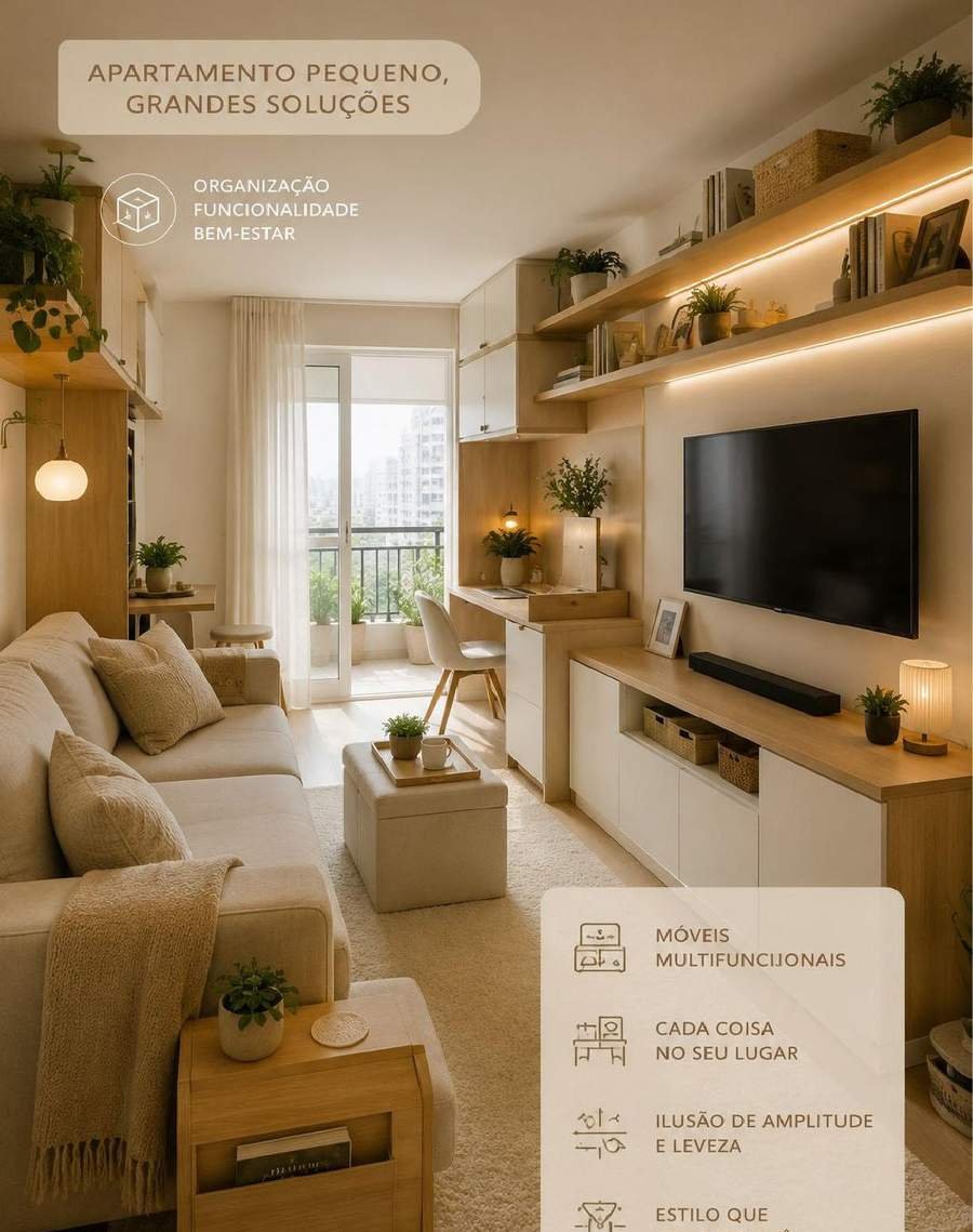 Apartamento pequeno decorado com móveis multifuncionais