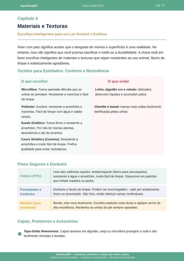 Tabela de tecidos e pisos pet-friendly