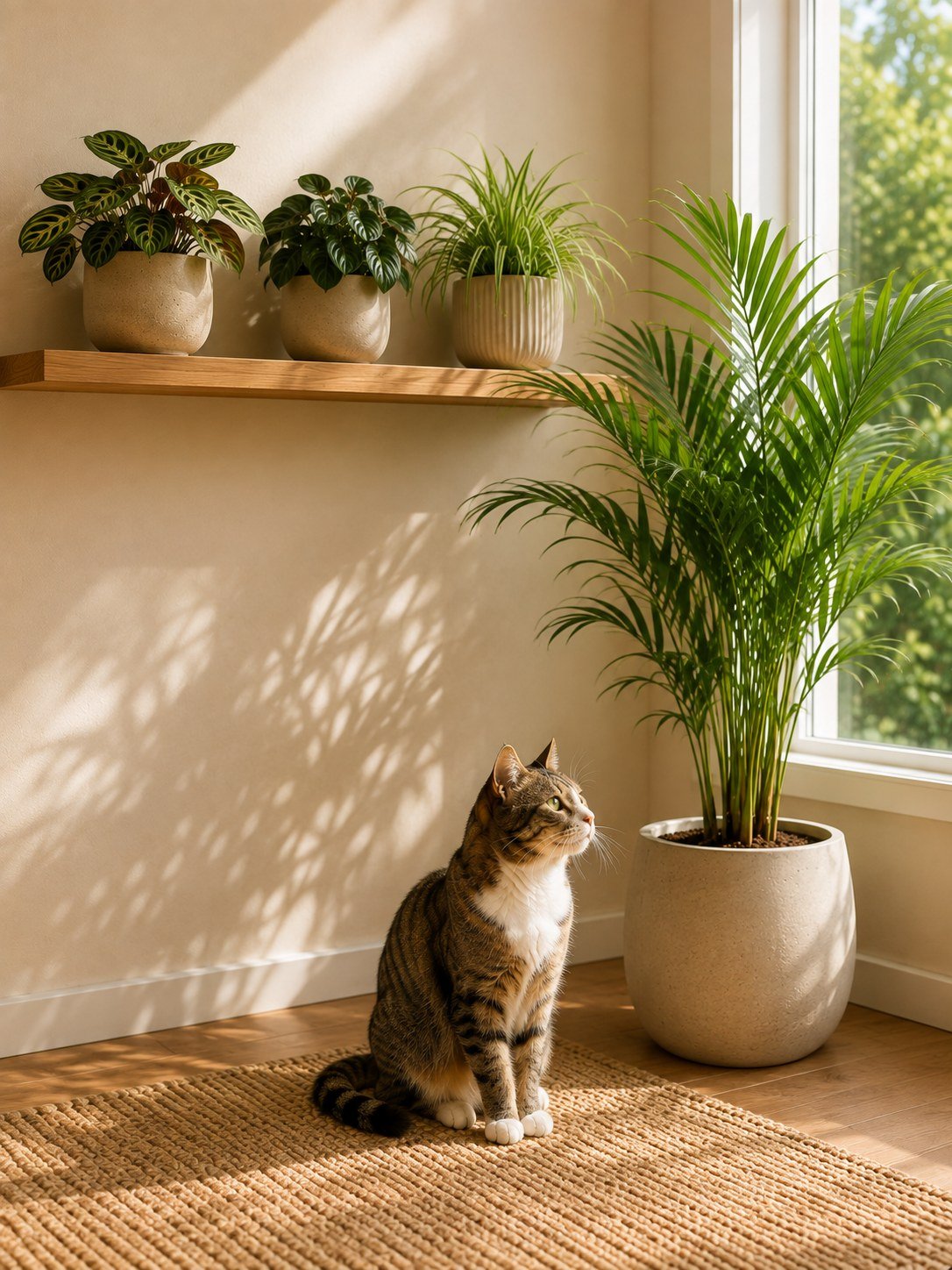 Gato tranquilo perto de um cantinho verde com plantas seguras para pets