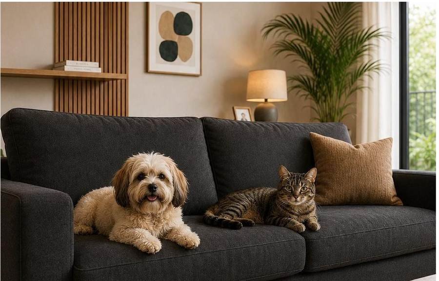 Cão e gato dividindo o sofá em uma casa organizada