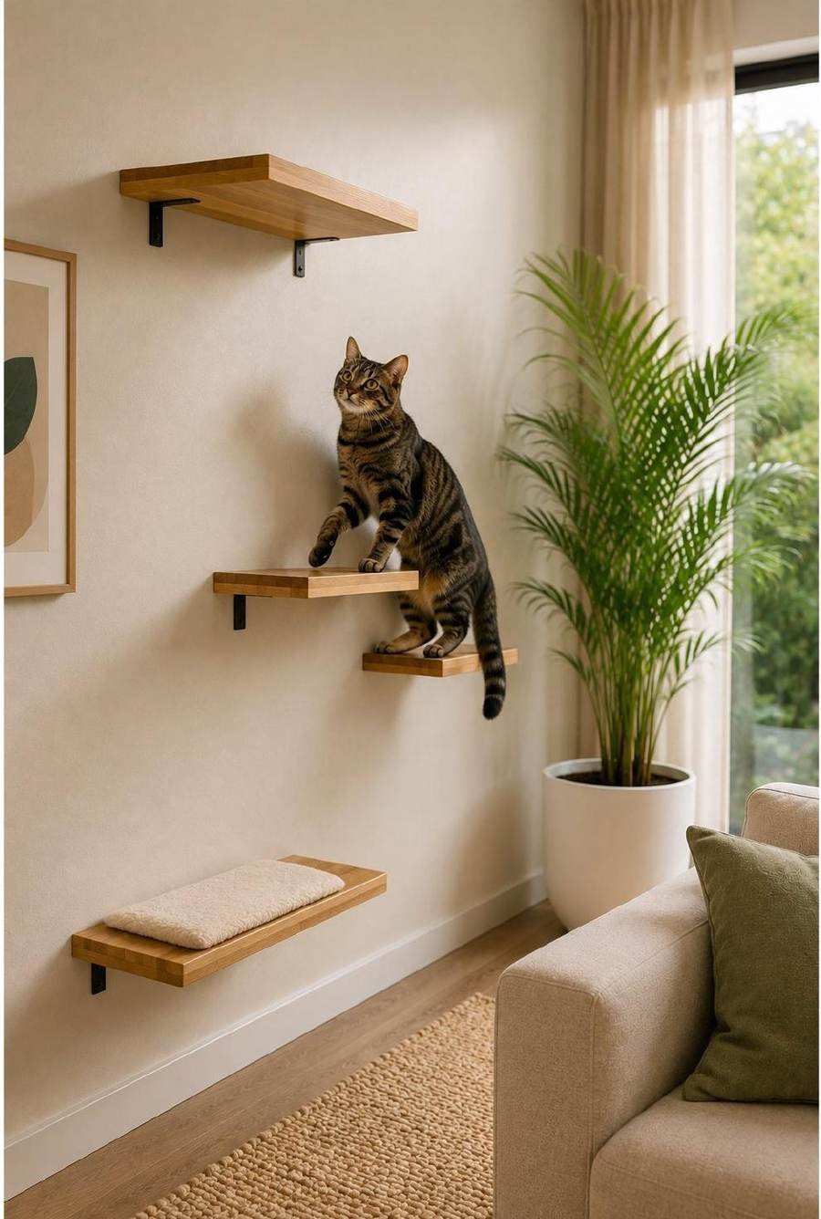Prateleiras na parede com gato explorando ambiente vertical