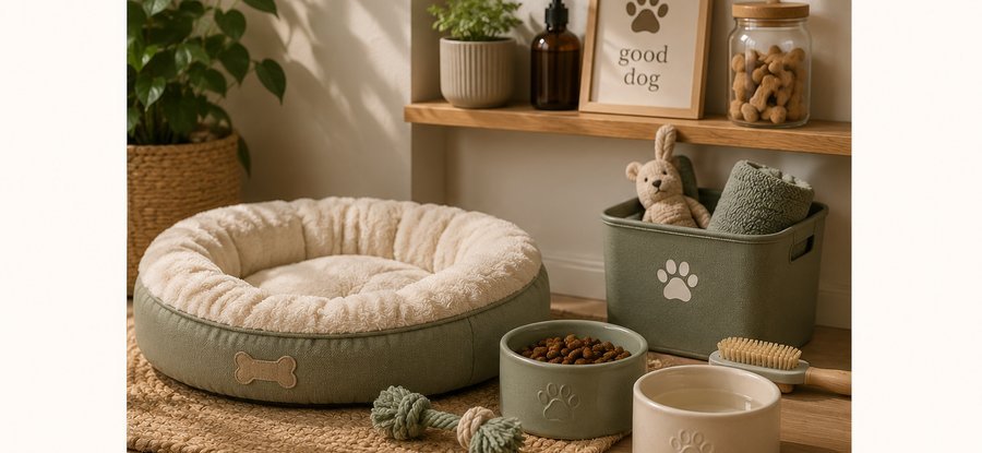 Caminha, potes e brinquedos para pets em ambiente doméstico