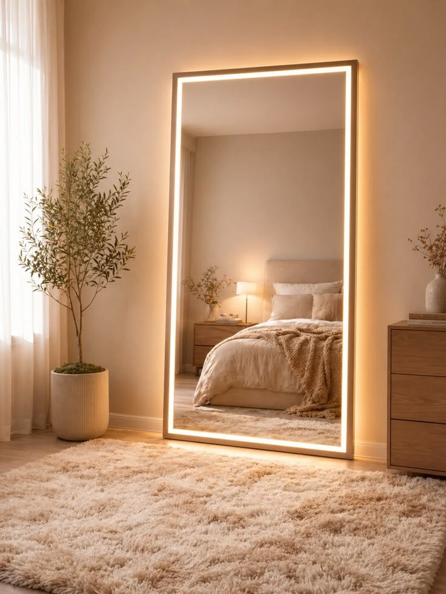 Espelho decorativo com planta e tapete em quarto aconchegante