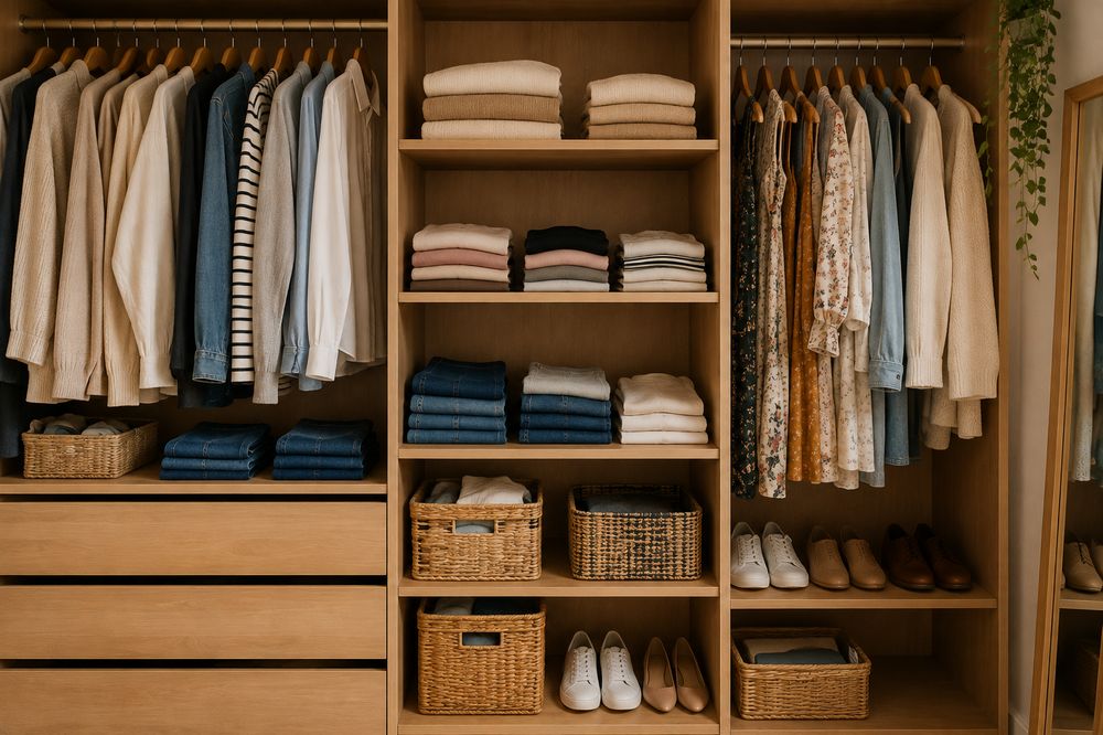 Guarda-roupa organizado, com roupas separadas por categoria e dobradas