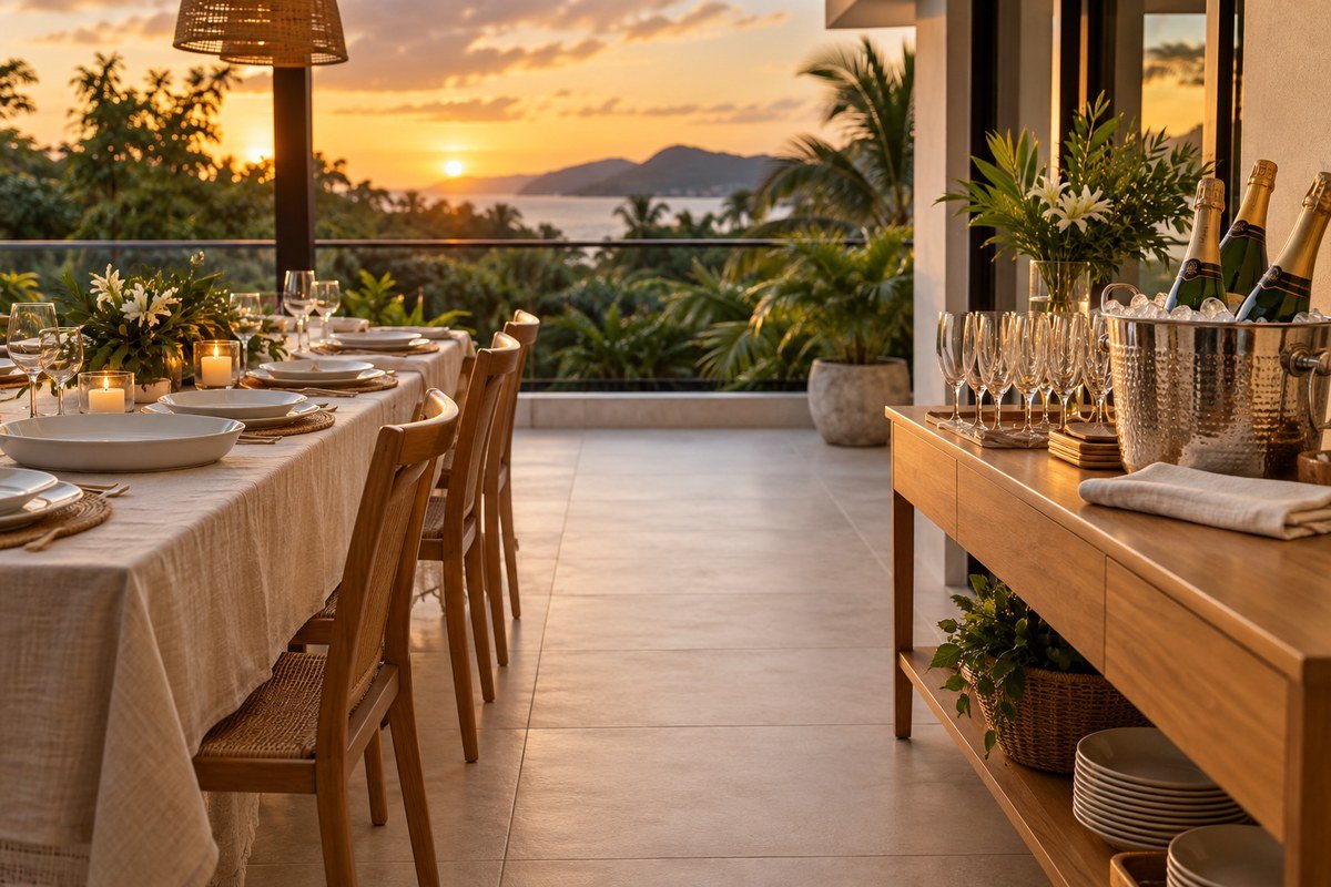 Mesa de Ano Novo montada numa varanda de verão ao pôr do sol, com toalha de linho cru, louça branca, velas baixas e folhagens, e um aparador separado com balde de gelo, garrafas e taças agrupadas