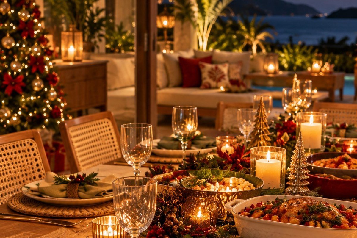 Mesa de Natal posta ao ar livre numa noite de verão, com madeira clara, sousplat de fibra natural, louça neutra, folhagem fresca e velas baixas no centro