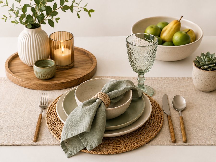Mesa posta com louças, taças e detalhes de decoração