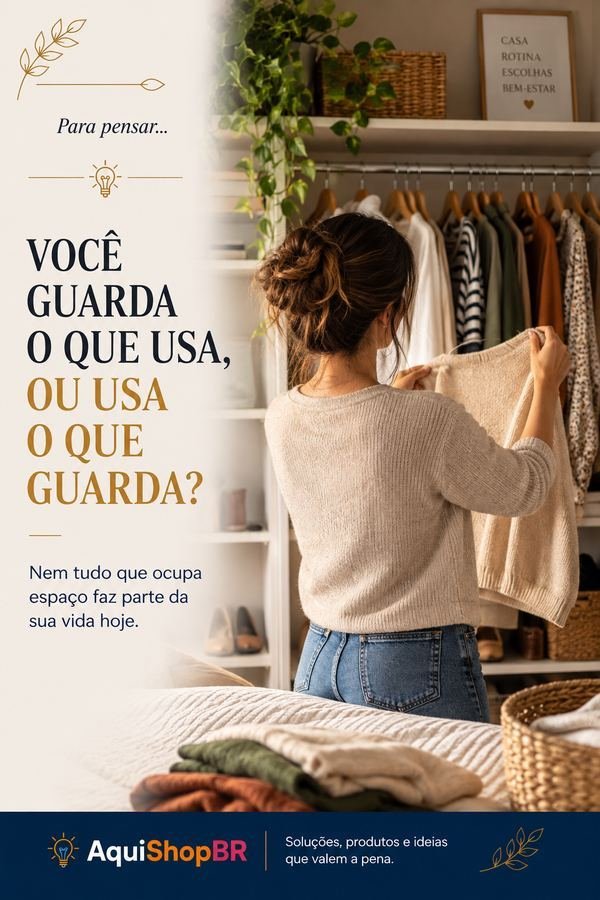Mulher organizando o guarda-roupa, segurando uma peça de roupa dobrada