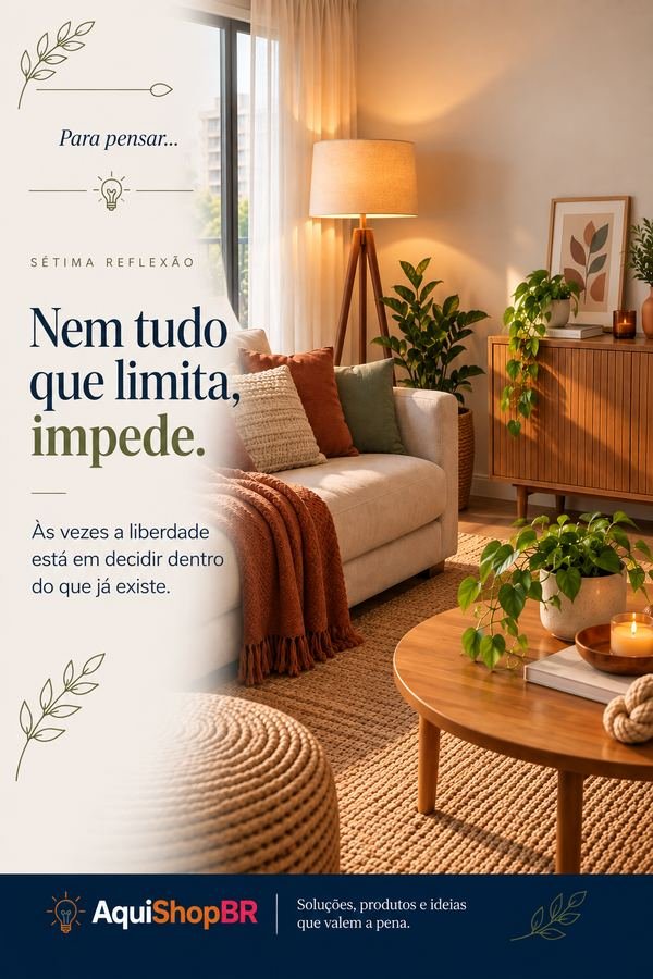Sala de estar aconchegante com a frase Nem tudo que limita, impede