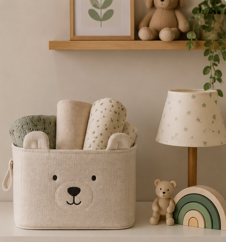 Quarto infantil em tons suaves com cesto organizador