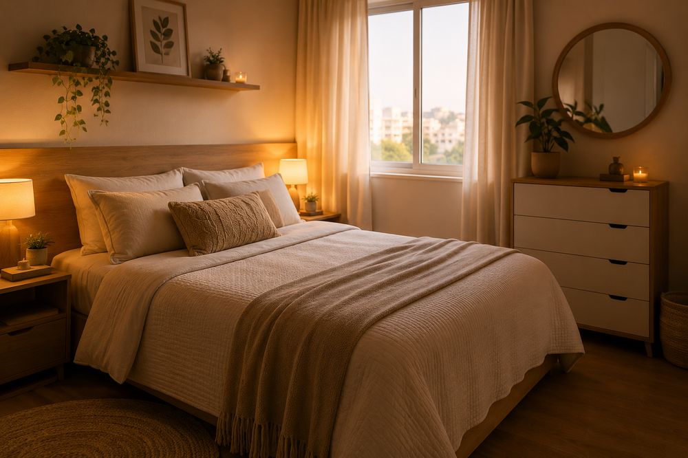Quarto organizado, com cama feita e luz suave à noite